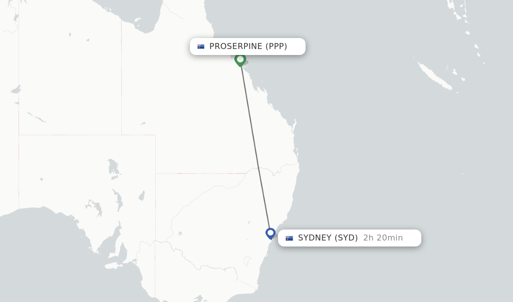 Flights from Proserpine to Sydney route map