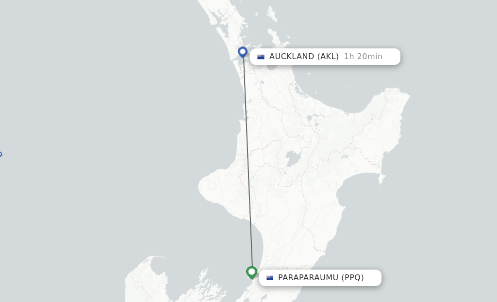 Flights from Paraparaumu to Auckland route map