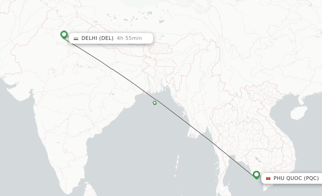 Flights from Phu Quoc to Delhi route map
