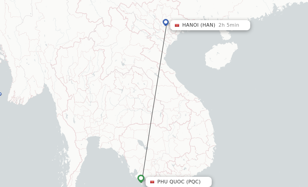 Flights from Phu Quoc to Hanoi route map