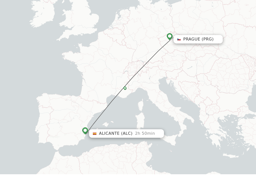 Flights from Prague to Alicante route map