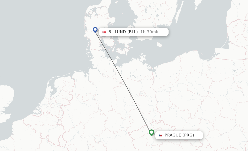 Flights from Prague to Billund route map
