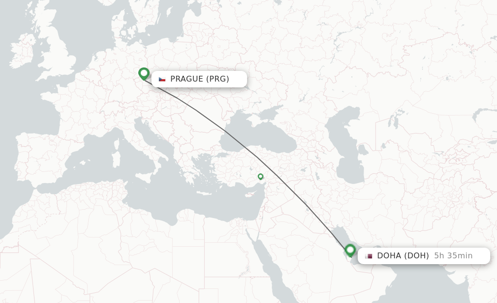 Flights from Prague to Doha route map