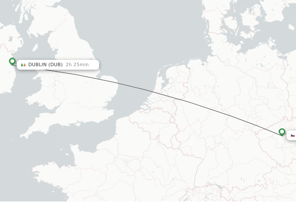 Flights from Prague to Dublin route map