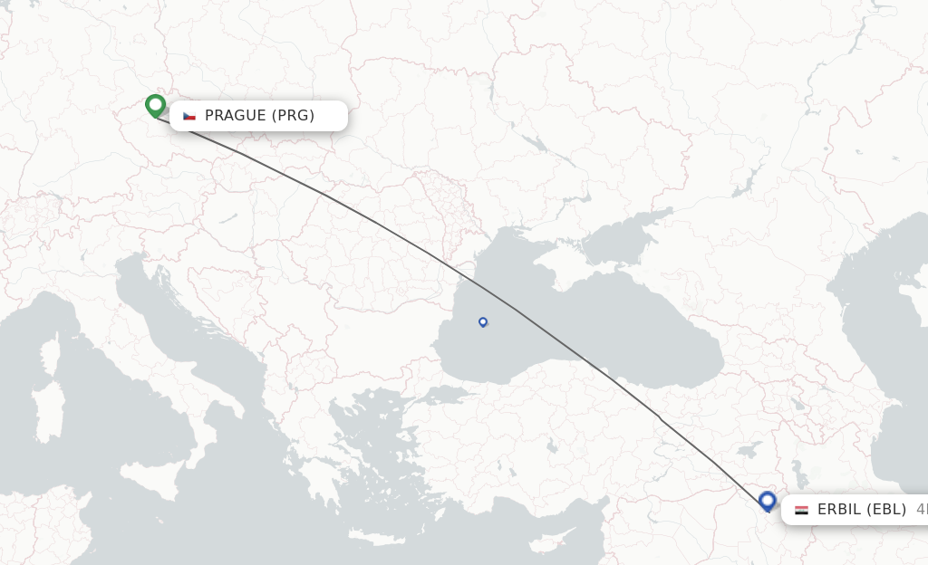 Flights from Prague to Erbil route map
