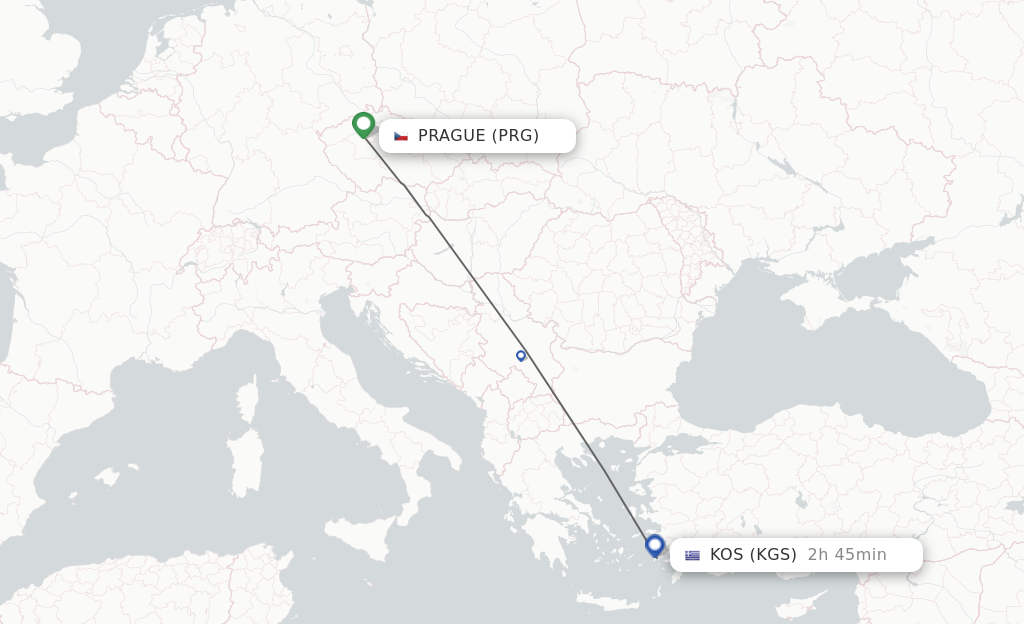 Flights from Prague to Kos route map