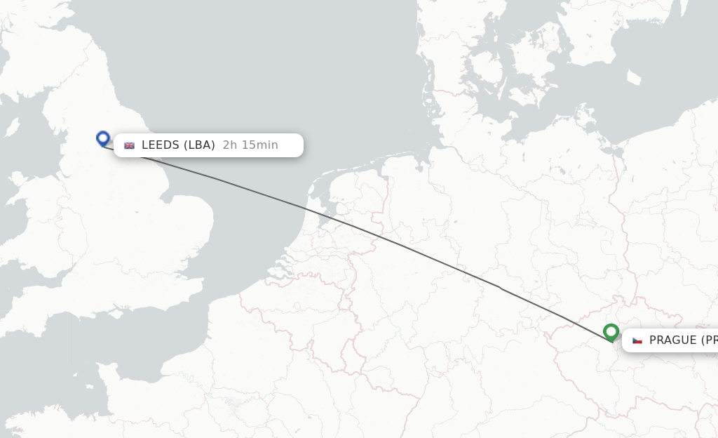 Flights from Prague to Leeds route map