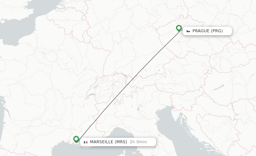 Flights from Prague to Marseille route map
