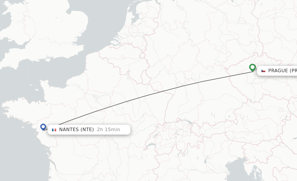 Flights from Prague to Nantes route map
