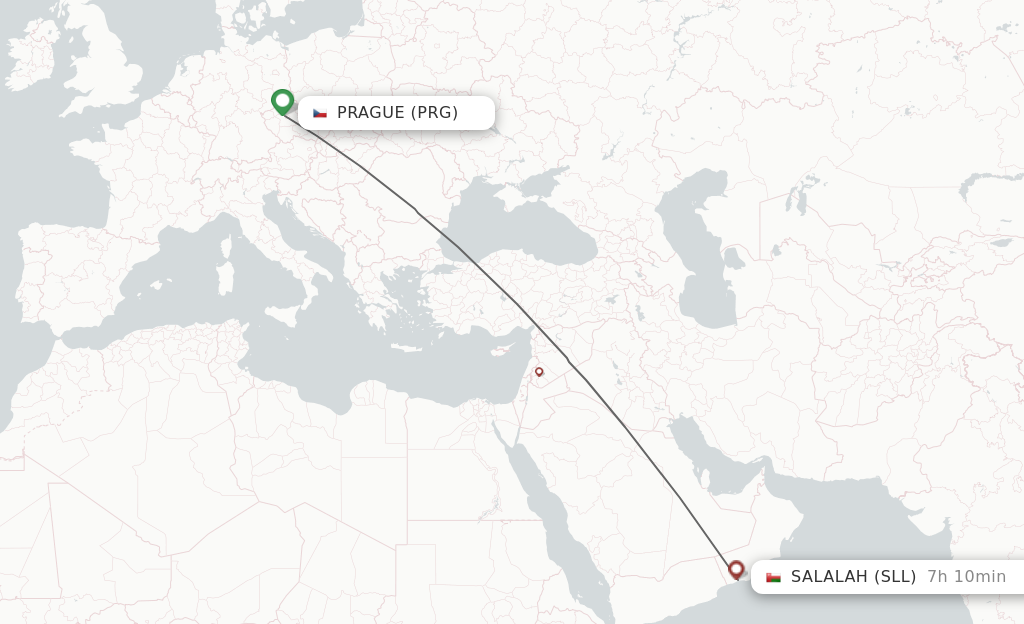 Flights from Prague to Salalah route map