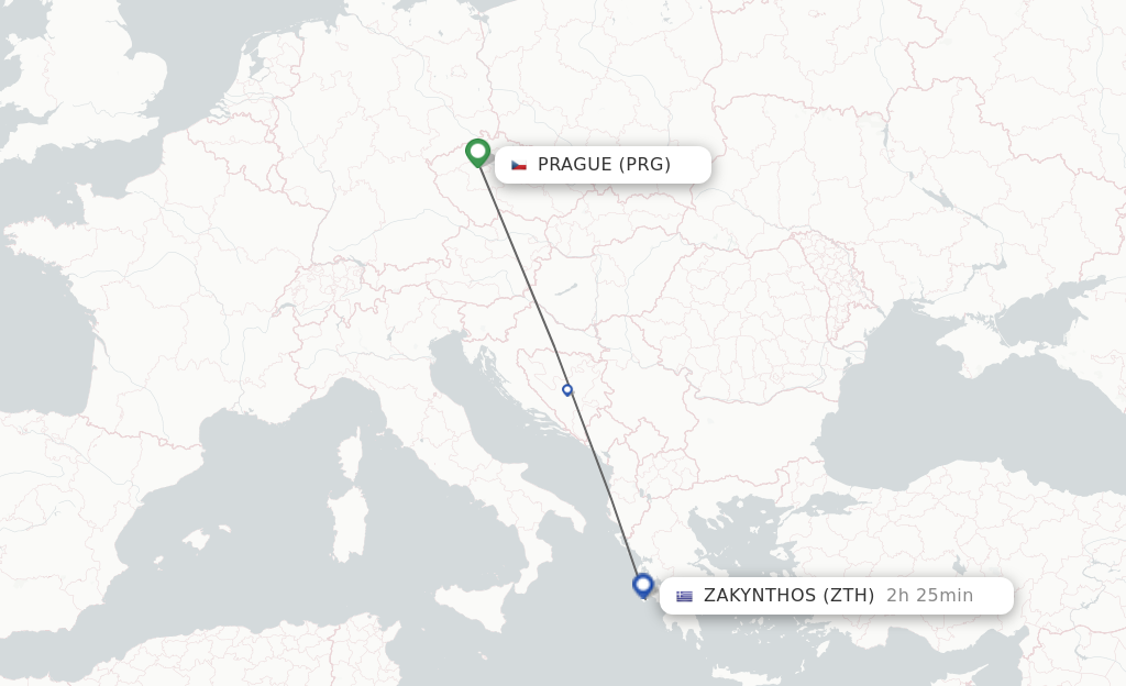 Flights from Prague to Zakinthos route map