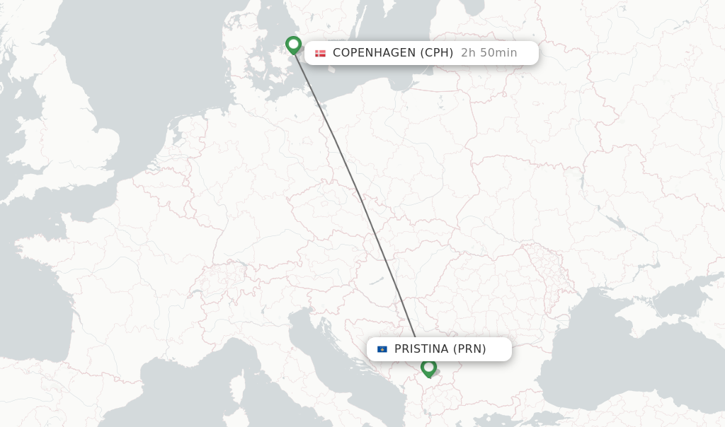 Flights from Pristina to Copenhagen route map