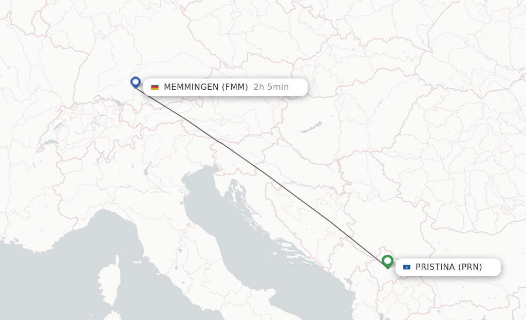 Flights from Pristina to Memmingen route map