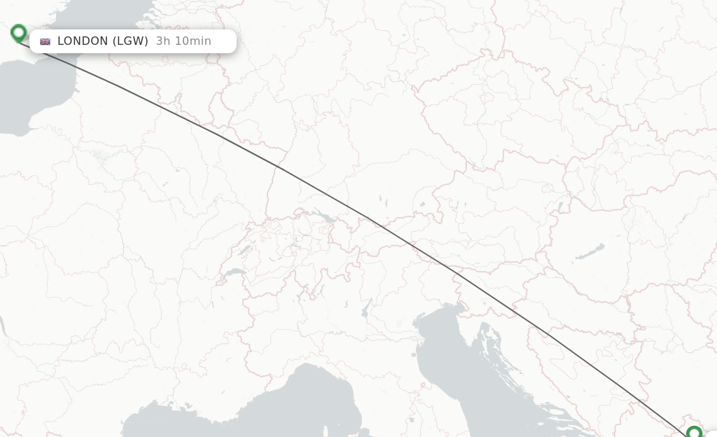 Flights from Pristina to London route map