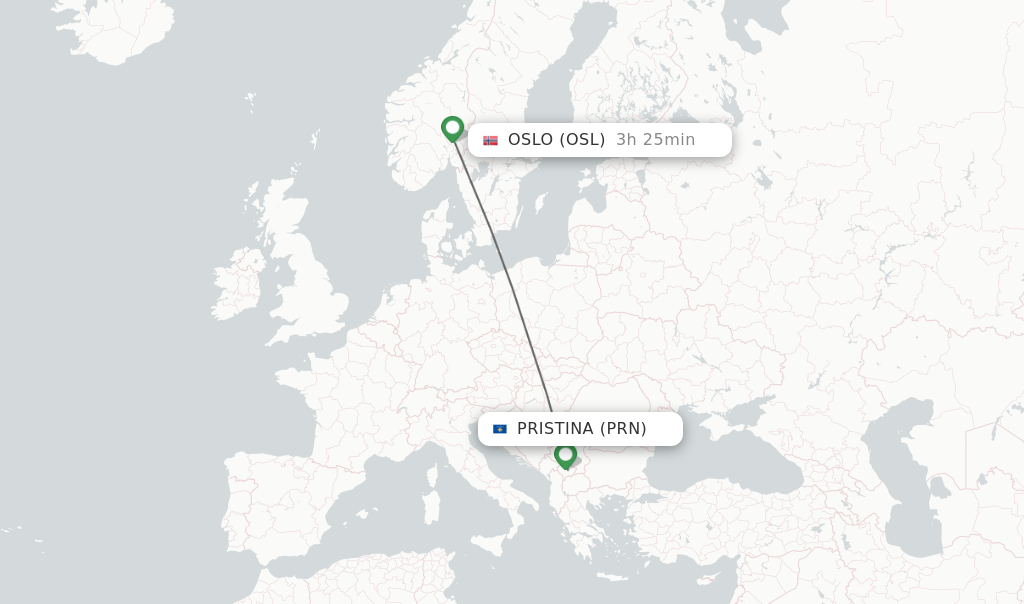 Flights from Pristina to Oslo route map