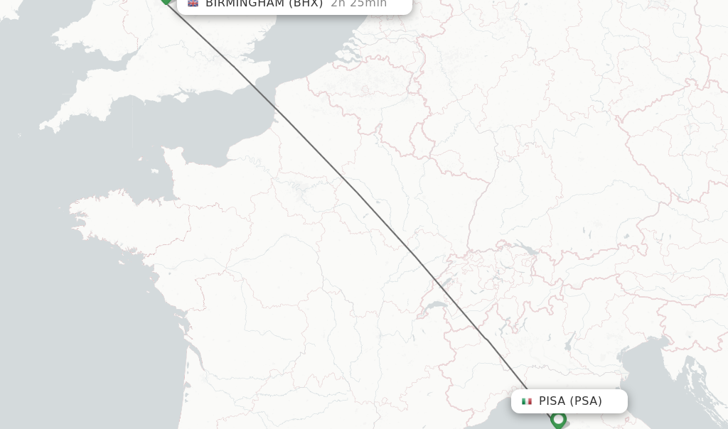 Flights from Pisa to Birmingham route map