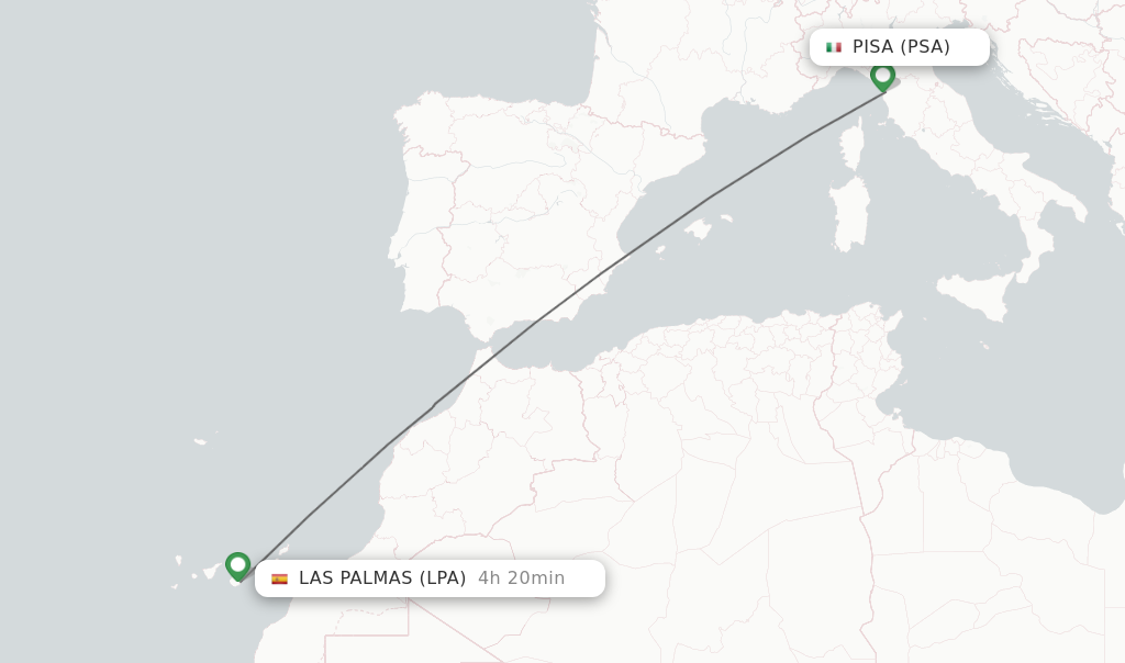 Flights from Pisa to Las Palmas route map