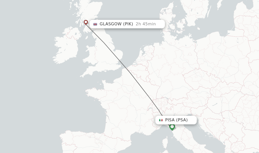 Flights from Pisa to Glasgow route map