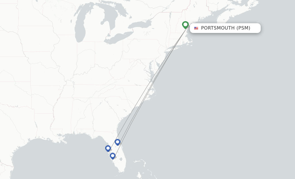 Route map with flights from Portsmouth with Allegiant Air
