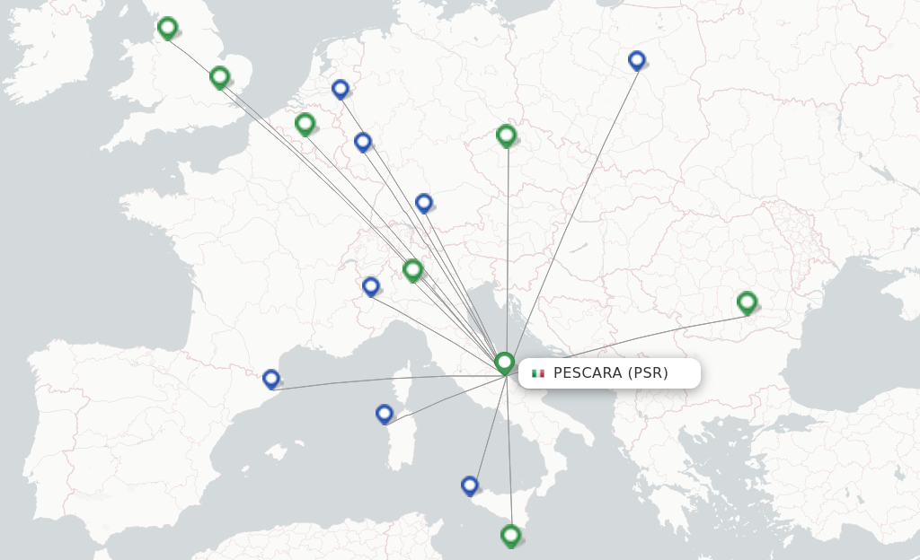 Route map with flights from Pescara with Ryanair