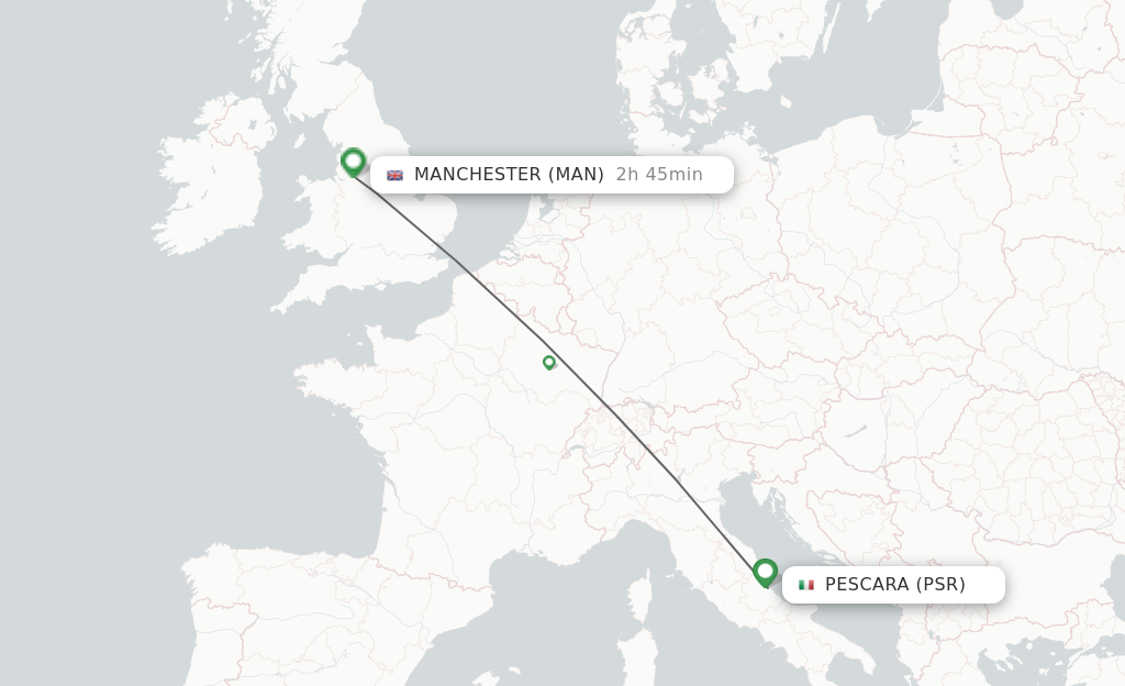Flights from Pescara to Manchester route map