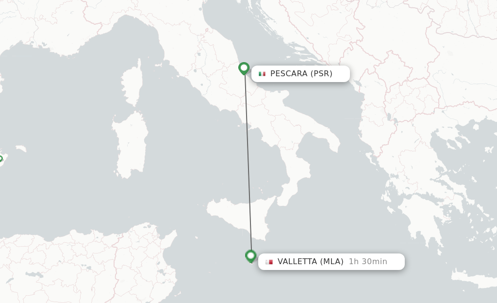 Flights from Pescara to Valletta route map