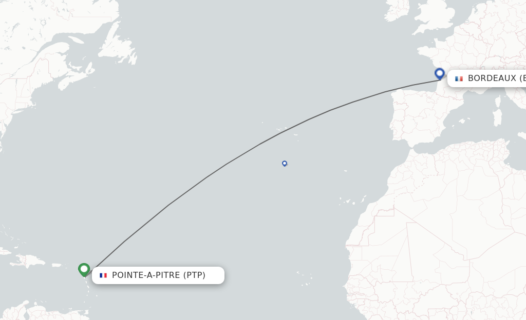 Flights from Pointe-a-Pitre to Bordeaux route map