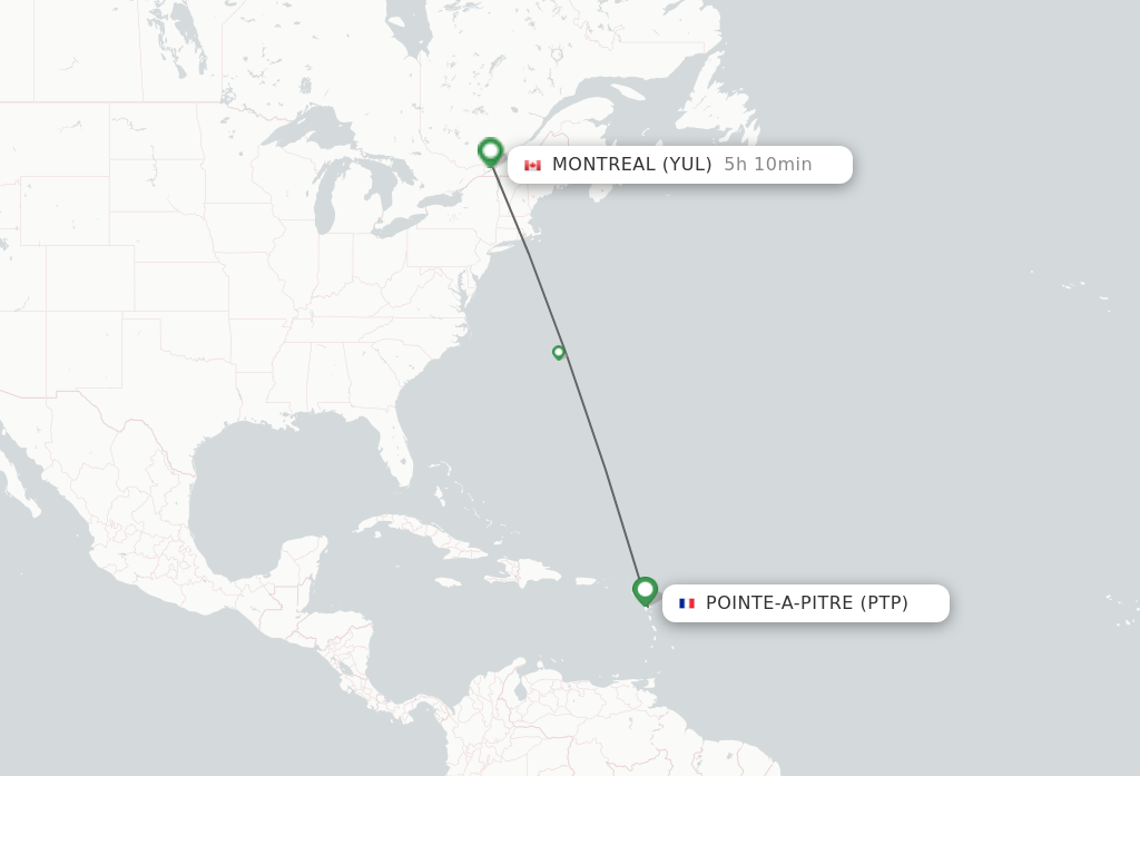 Flights from Pointe-A-Pitre to Montreal route map