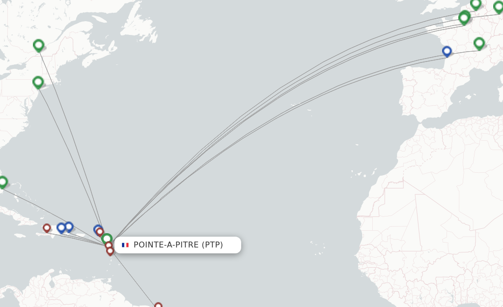 Flights from Pointe-a-Pitre to Papeete route map