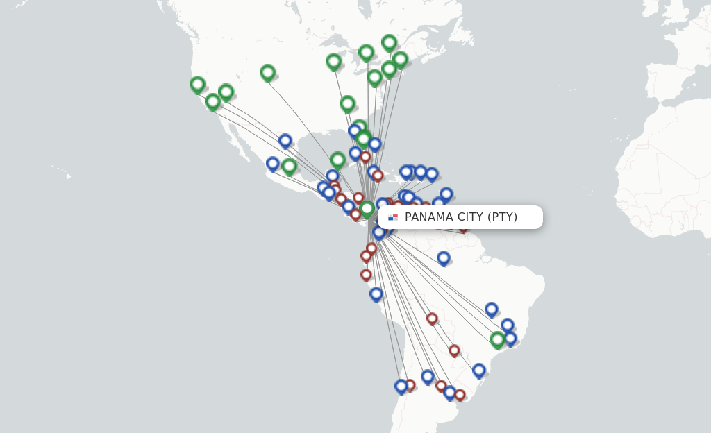 Route map with flights from Panama City with Copa Airlines