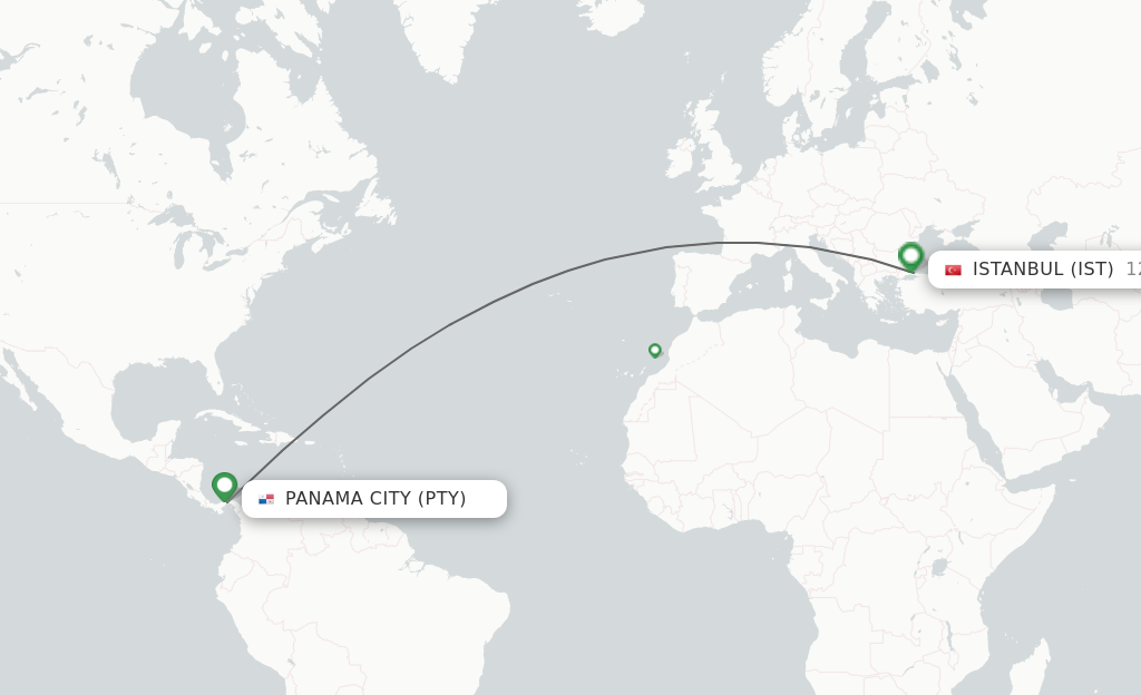 Flights from Panama City to Istanbul route map