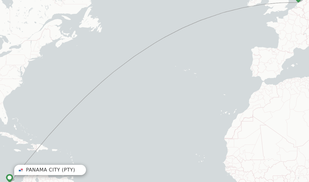 Route map with flights from Panama City with KLM