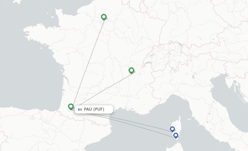 Route map with flights from Pau with Air France