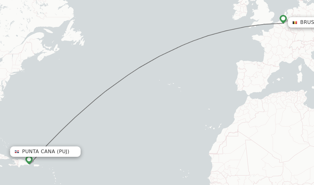 Flights from Punta Cana to Brussels route map