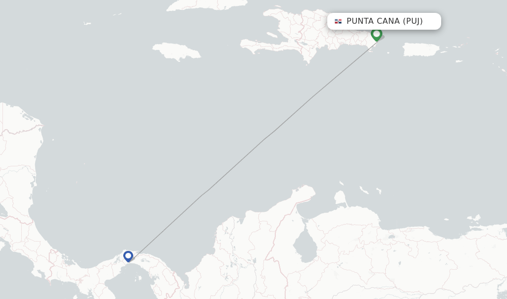 Route map with flights from Punta Cana with Copa Airlines
