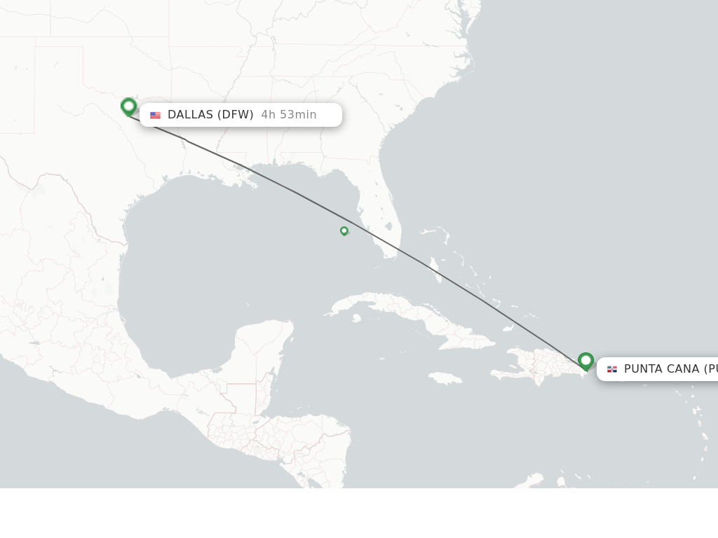Flights from Punta Cana to Dallas route map