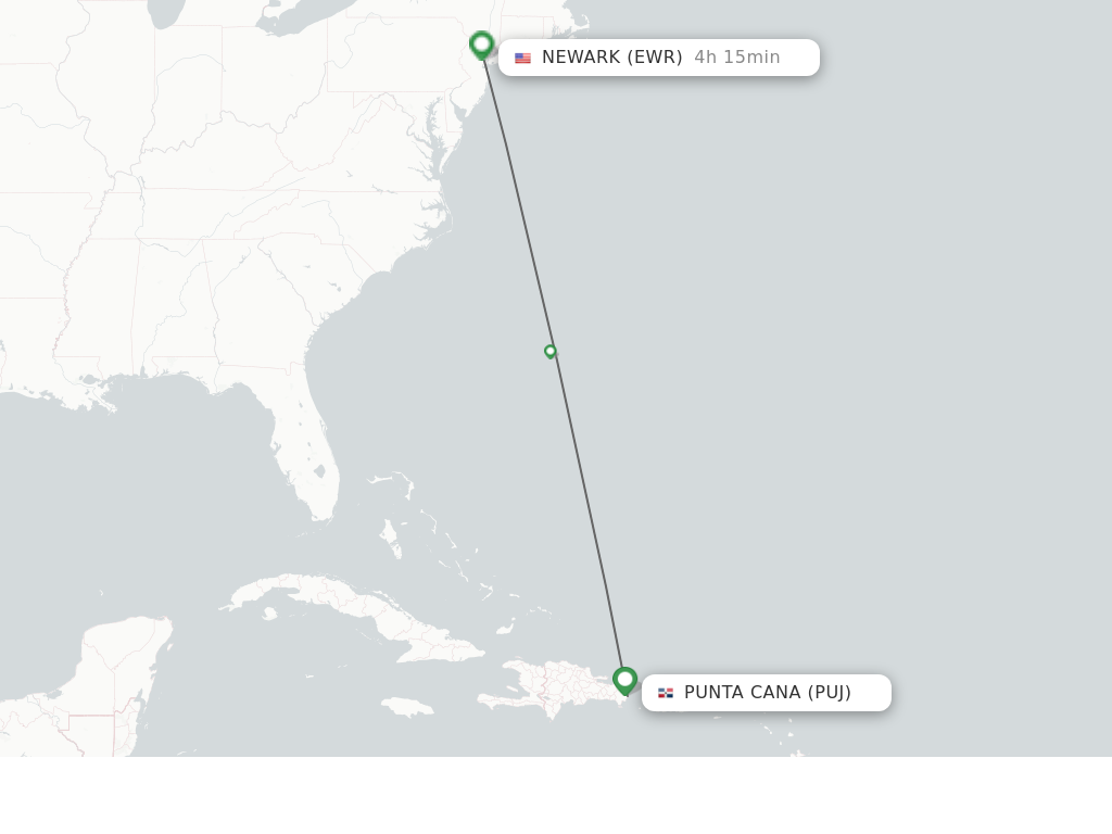 Flights from Punta Cana to Newark route map