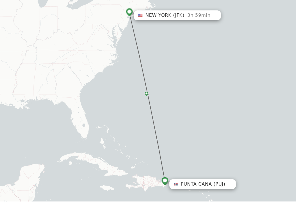Flights from Punta Cana to New York route map