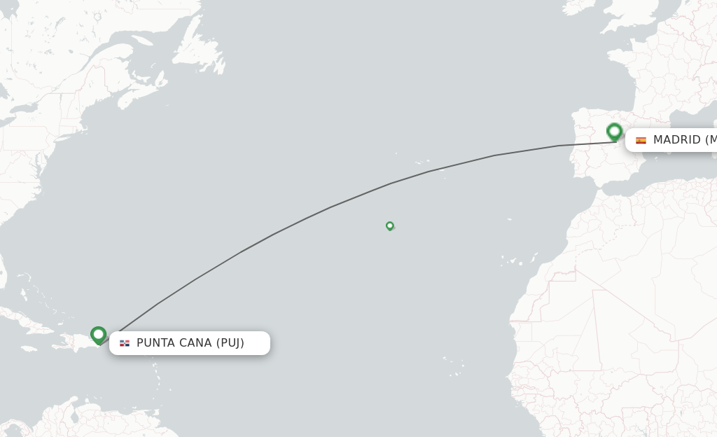 Flights from Punta Cana to Madrid route map