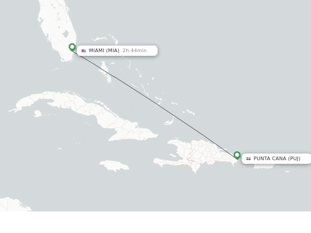 Flights from Punta Cana to Miami route map