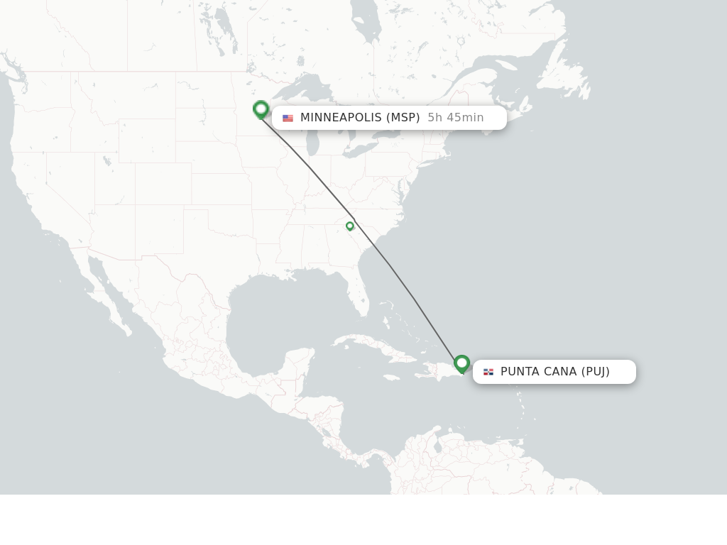 Flights from Punta Cana to Minneapolis route map