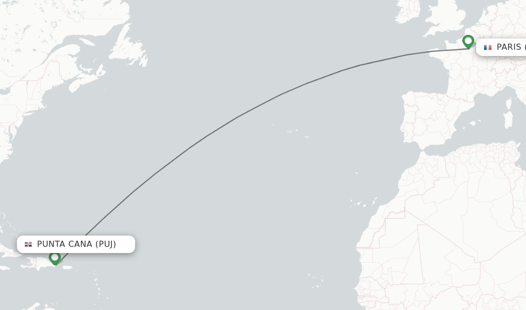 Flights from Punta Cana to Paris route map