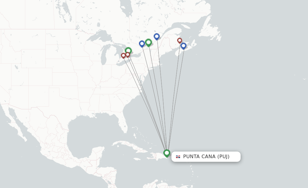 Route map with flights from Punta Cana with Air Transat