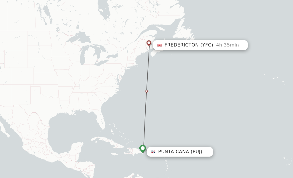 Flights from Punta Cana to Fredericton route map