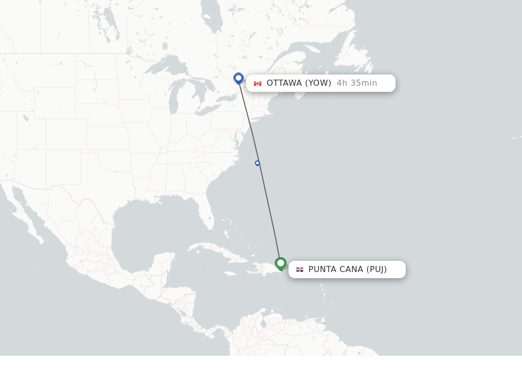 Flights from Punta Cana to Ottawa route map