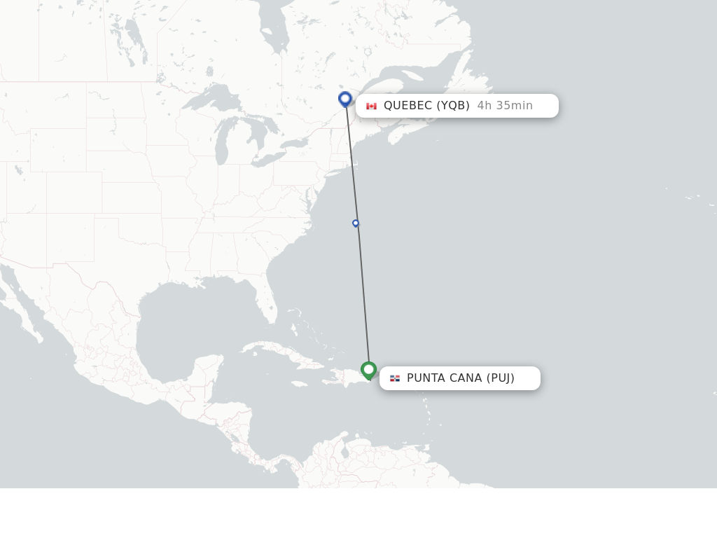 Flights from Punta Cana to Quebec route map