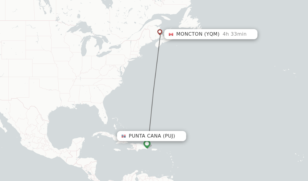 Flights from Punta Cana to Moncton route map