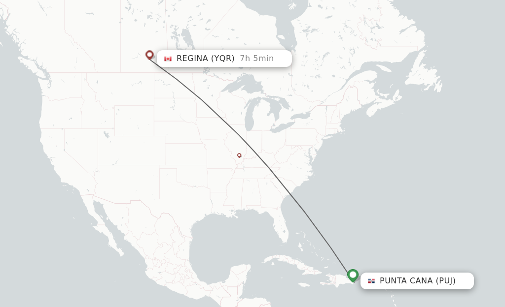 Flights from Punta Cana to Regina route map
