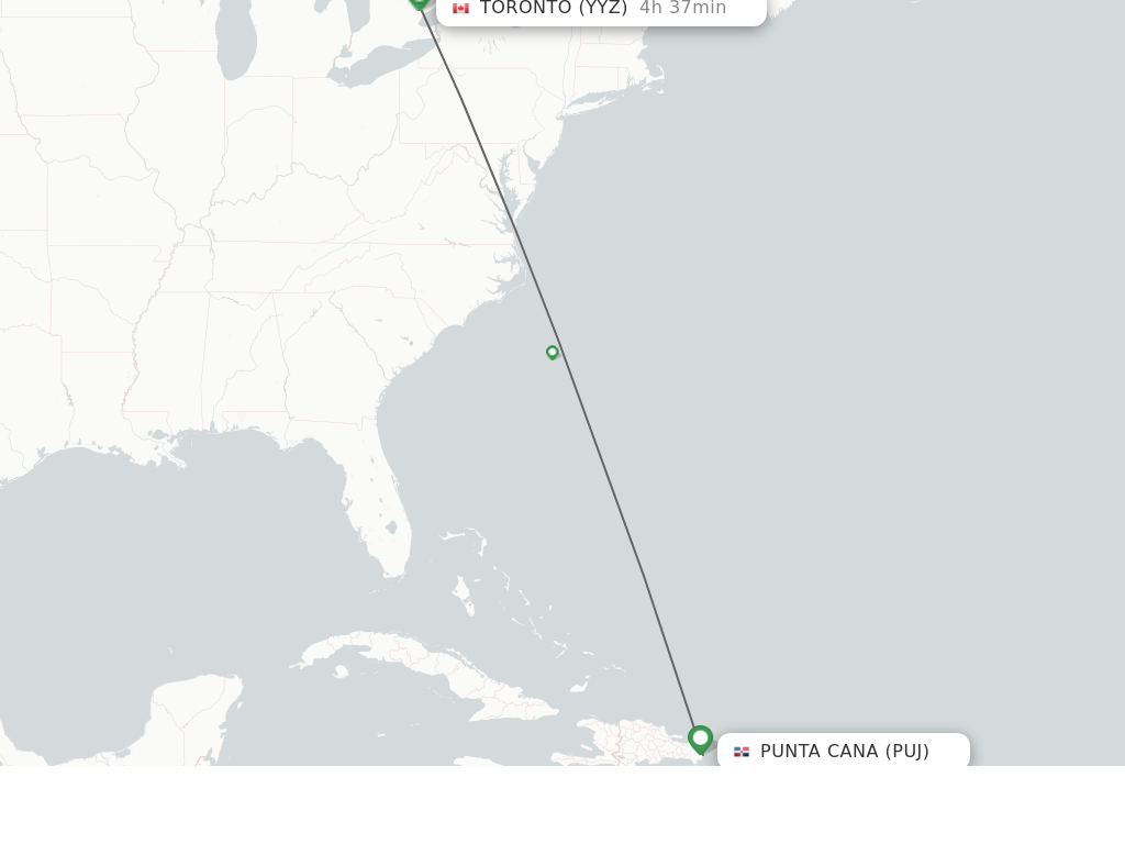 Flights from Punta Cana to Toronto route map