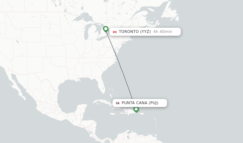 Flights from Punta Cana to Toronto route map